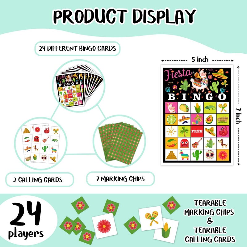 Qssfdgg Fiesta Party Bingo Cards, 24 Player Mexican Llama Party Bingo Game for Family Adult, Cinco De Mayo Party Favor, Large Group Party Celebration Activity -01 - Image 2